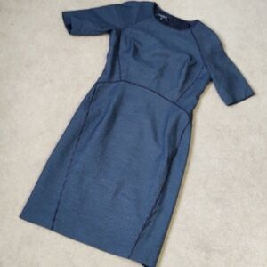 EUC Lafayette 148 navy blue dot midi dress